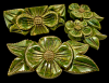 Matching marbled green flower carved bracelet, brooch & dress clips - 4 pc set